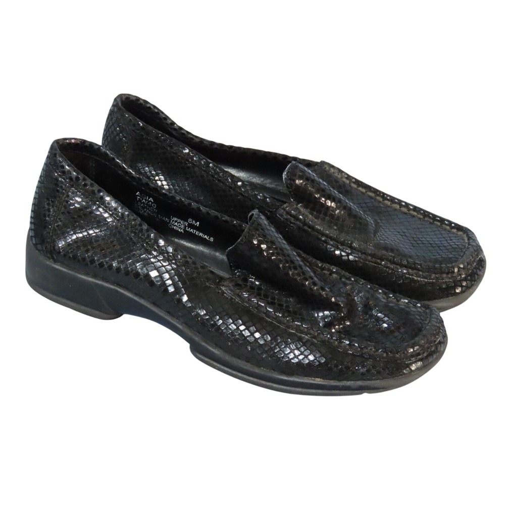 BASS ASIA Black Snakeskin Embossed Leather LOAFERS SHOES FLATS Classic Style 6 M